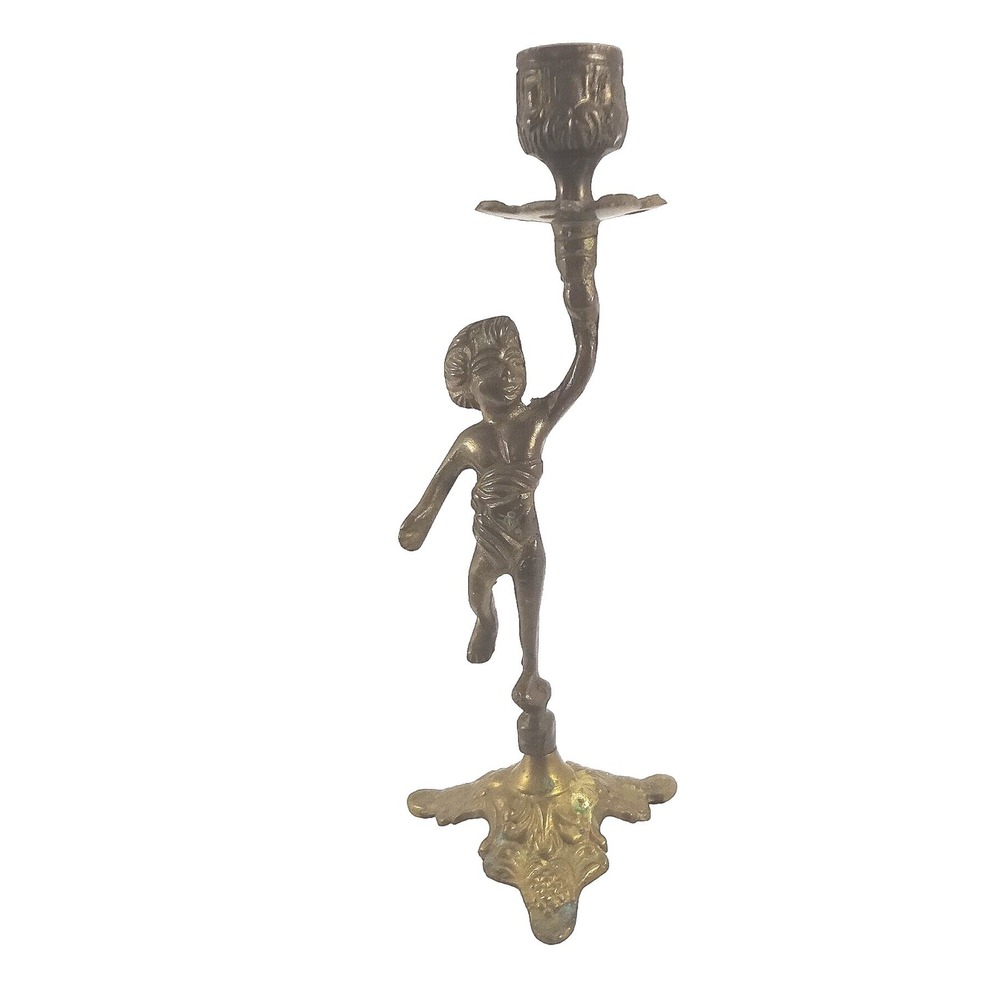 Vintage Brass Cherub Candlestick Holder Ornate Putto Figure Footed Base 8 inch